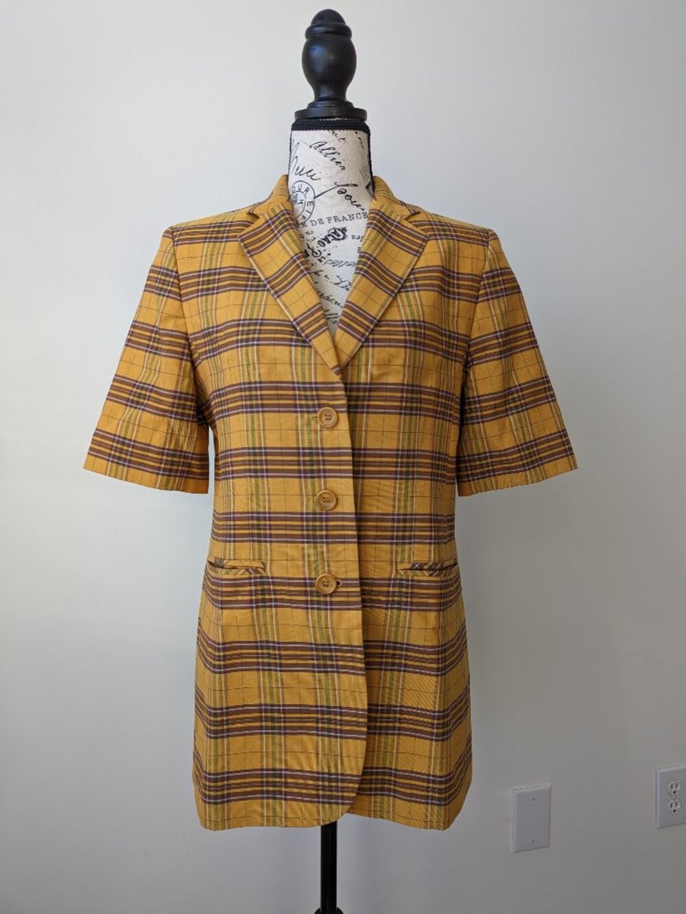 Vintage 90s Mustard Plaid Blazer Short Sleeve Windowpane Jacket Size EU36 - US S